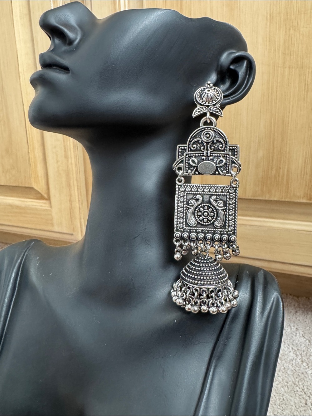Silver-Tone Ornate Dangle Jhumka Earrings - Women's Jewelry